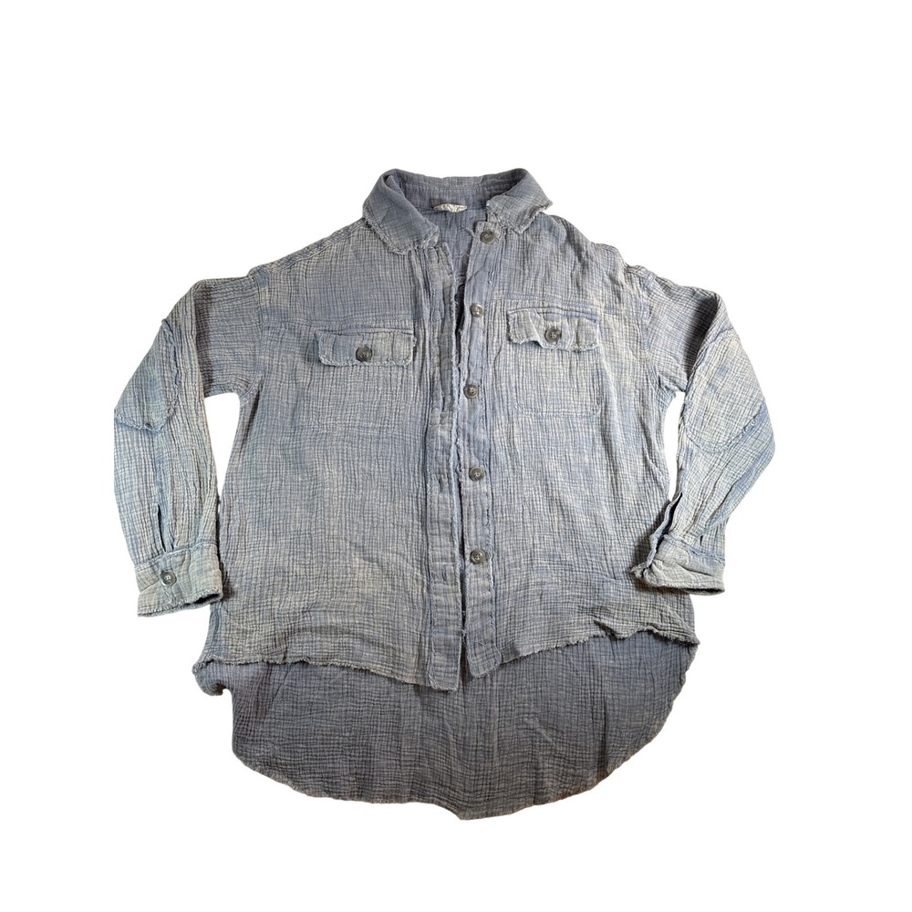 Oli & Hali Blue Mineral Wash Cotton Gauze Raw Edge Button Down Shirt EJ30276DG M